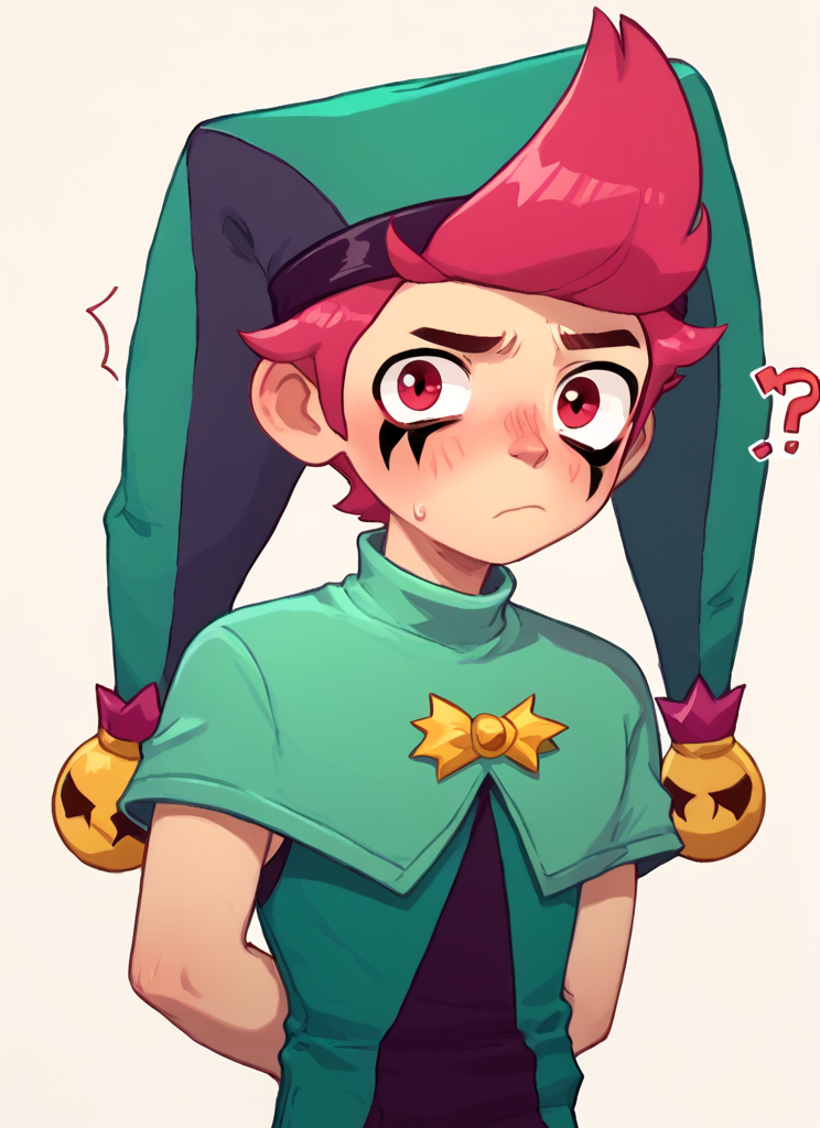 score_9, score_8_up, score_7_up, <lora:bschester:1> 1boy, bschester , pink hair, red eyes , jester cap,  green headwear  ,green jumpsuit,  capelet,  ,solo  , blush,  confused,  ???  ,arms behind back,  looking at viewer,  closed mouth   <lora:PossumMachine:1>posmach