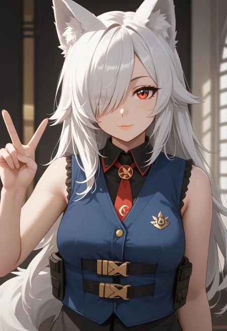 (masterpiece), best quality, (1girl, white hair, wolf girl, (sideswept bangs, hair over eye)), (gold right eye, red left eye), v hand sign, lifevest