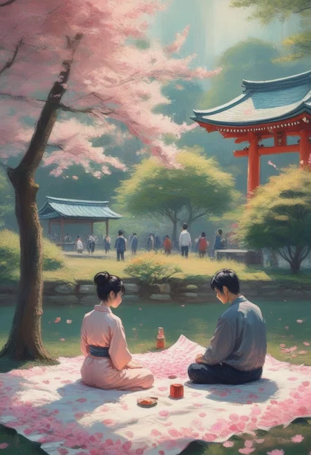 a Japanese park. pink petals. Japanese shrine. man and woman on a picnic blanket. cuddle. in love.
best quality, ultra-detailed, very aesthetic, illustration, perfect composition, intricate details, absurd, atmospheric lighting, streaks of light, vibrant colors, very detailed, midjourneyv6.1, detail background, perfection, impressionist painting