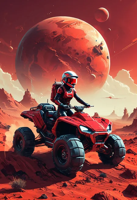 Retro futuristic image, Quad riding on red planet, sharp, high detailed<lora:xl_more_art-full_v1:0.3> <lora:Futuristic_Retro_Vibes:0.5>