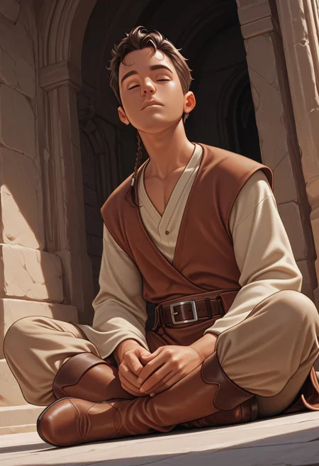 masterpiece, absurdres, high quality, perfect anatomy, 1boy, solo, cute boy, male focus, Caleb Dume, Brown Hair, Padawan Braid, Brown Tunic, Tan Shirt, Belt, Tan Pants, Brown boots, portrait, cinematic, intricately detailed illustration, depth of field, masterpiece, best quality, amazing quality, very aesthetic, absurdres, newest, very awa,  shadow, dynamic angle, casual cosplay, dynamic pose, in temple, meditating, serene, peaceful, relaxed, sitting, indian style,