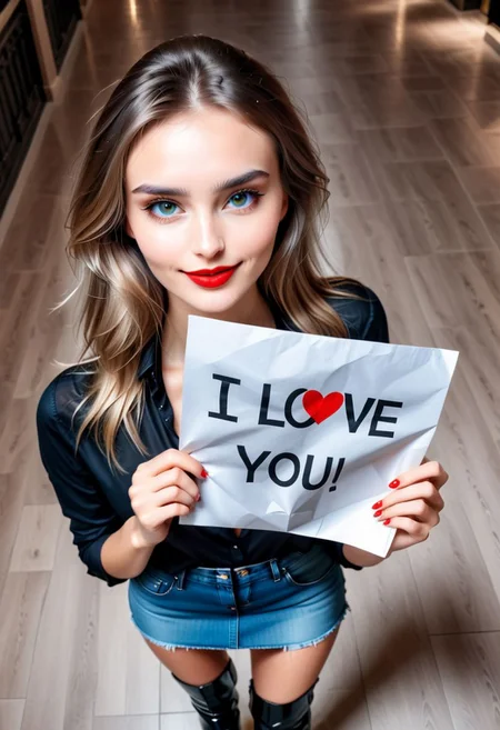 photo from above,
european young woman, 28 yo, supermodel look, handing paper with written "I love YOU".