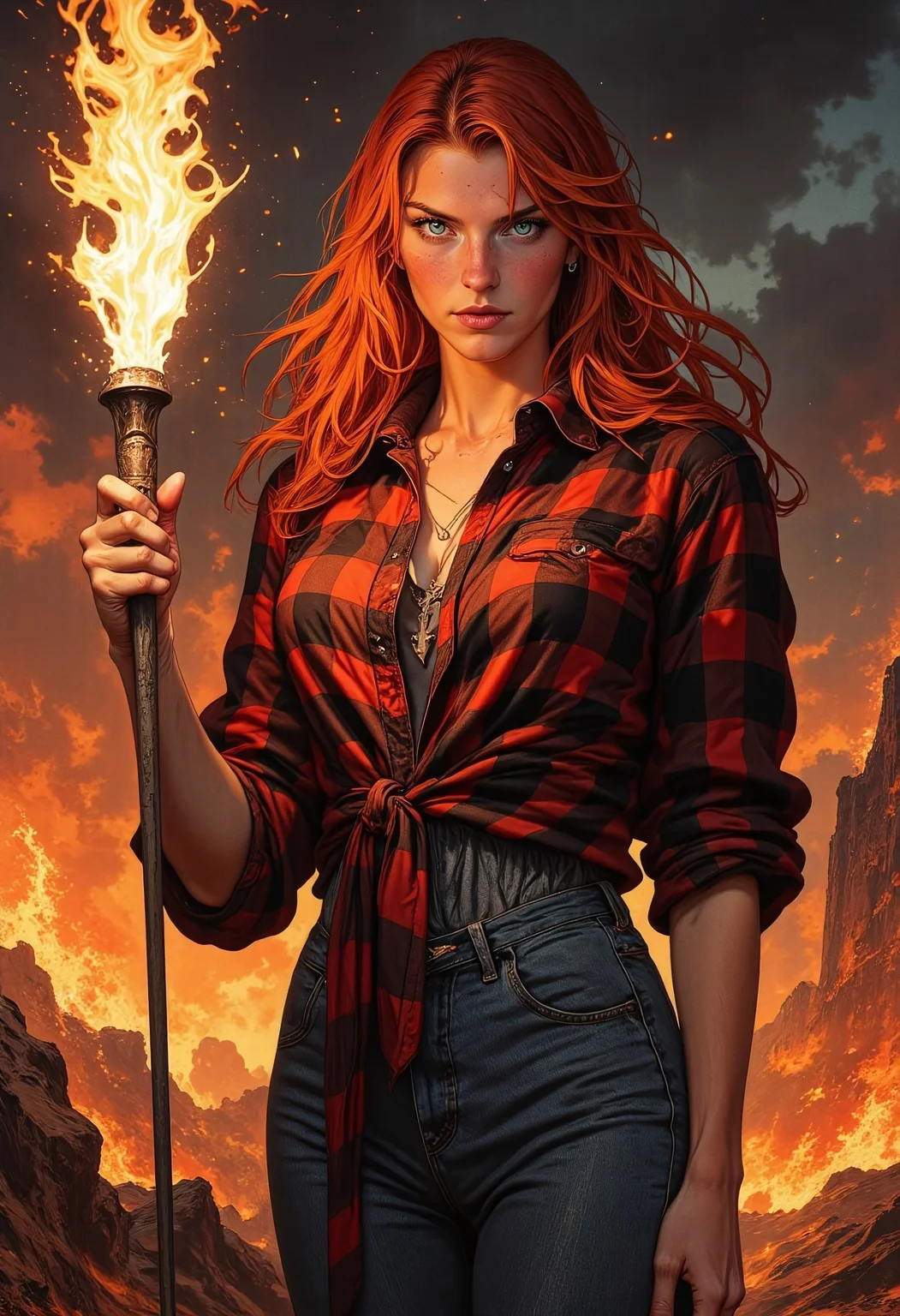 score_9, score_8_up, score_7_up, beautiful 23 year old girl standing before a burning city, smoke filled sky, night, holding burning torch, fiery background, evil grin, perfect face, toned, tied flannel shirt, denim pants, long dark orange hair, teal eyes