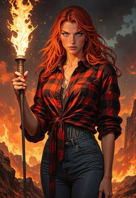 score_9, score_8_up, score_7_up, beautiful 23 year old girl standing before a burning city, smoke filled sky, night, holding burning torch, fiery background, evil grin, perfect face, toned, tied flannel shirt, denim pants, long dark orange hair, teal eyes