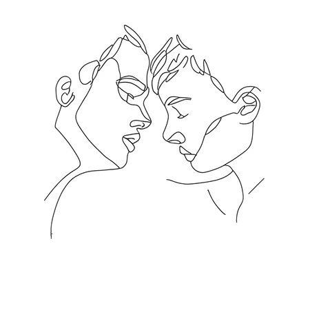 aaAR7la, masterpiece, best quality, aesthtic, highres, simple background, white background, Black-and-white, minimalistic, one line drawing, lineart, 1girl, 1boy, couple, forehead touch, closed eyes, naked,