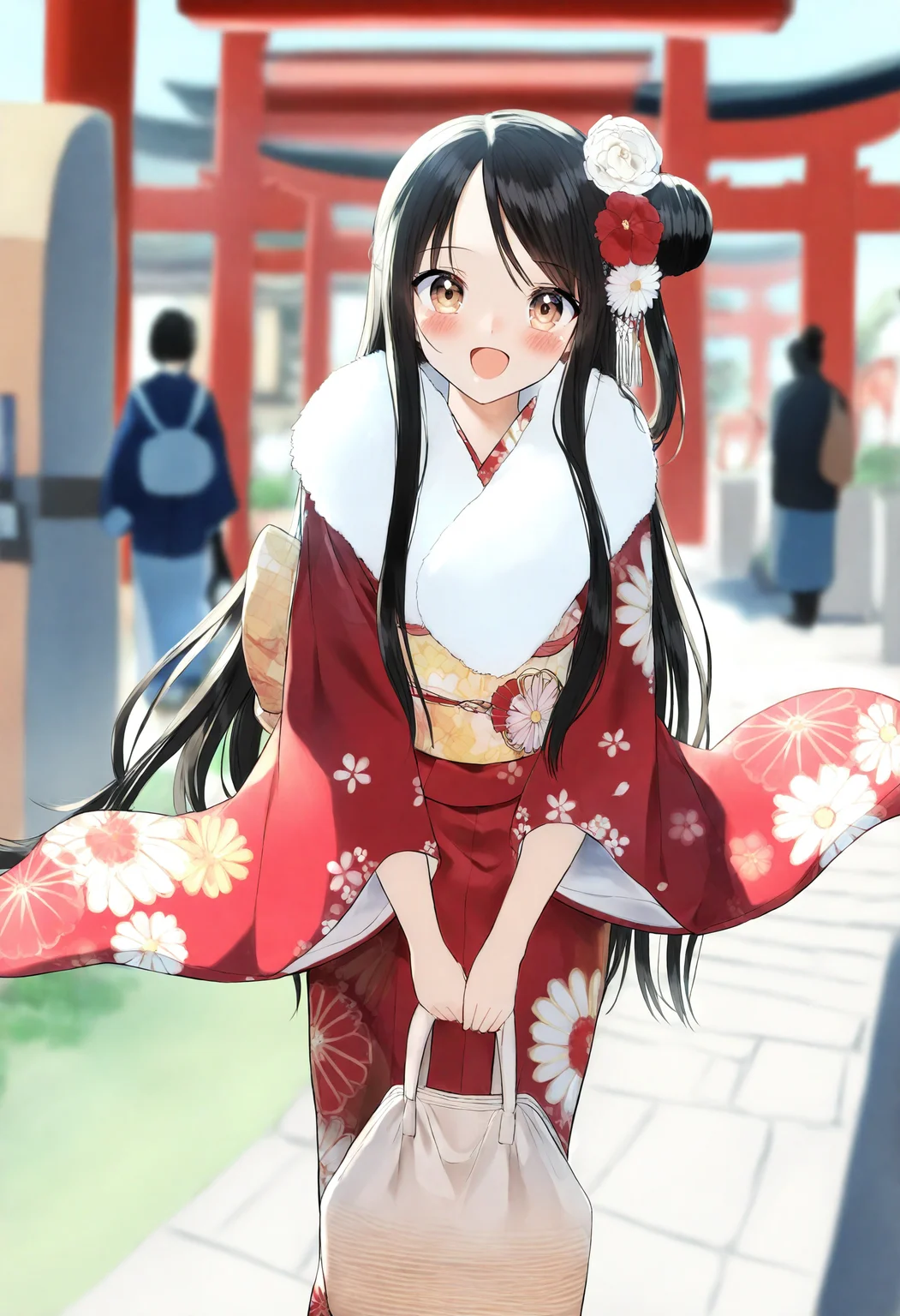 <lora:penta1_noob1.1-000139:0.9>,
very long hair, long hair, japanese clothes, floral print, blurry, smile, 1girl, blurry background, kimono, :d, print kimono, depth of field, flower, hair ornament, wide sleeves, blush, black hair, single hair bun, hair flower, long sleeves, brown eyes, hair bun, bag, outdoors, sash, open mouth, obi, red flower, looking at viewer, red kimono, fur collar, holding bag, single side bun, holding, solo focus, parted bangs, day, solo, standing, torii, white flower,
masterpiece,best quality,newest,absurdres,highres,very awa,