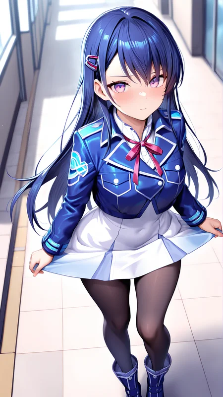 amazing quality,absurdres,best quality,masterpiece,highres,newest,detailed,detailed body,detailed face,masterpiece,best quality,solo,
ããã¢,1girl,solo,long blue hair,purple eyes,dress,hair ornament,ribbon,black pantyhose,blue boots,blue long-sleeved jacket,
<lora:ããã¢:0.8>,