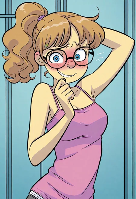 official art, style parody, cute, flat shading,DaisyW00ton, solo, 1girl,Glasses, medium breasts, camisole, , blue eyes, , ponytail, wink, blushing, shy, nervous smile, armpits, looking at viewer, slim