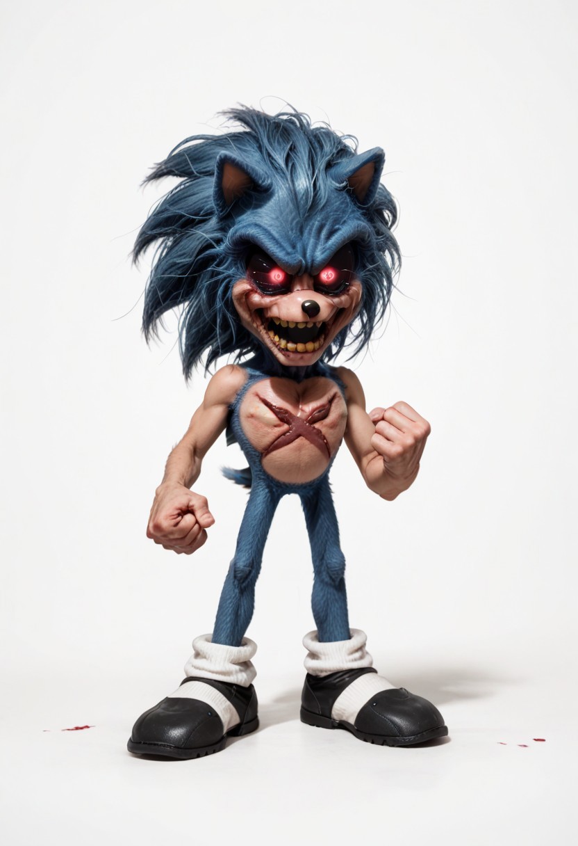 score_9, score_8_up, score_7_up, score_6_up, simple background, white background, cowboy shot, full body, view from front, masterpiece, high quality, solo focus, LordX, blue fur, horror,  white socks, spiked hair, clenched teeth, clenched hand, furry, colored sclera, furry male, body fur, animal nose, two-tone fur, blue fur, multicolored fur, sonic the hedgehog, scary eyes, X in chest, saturated fur, bloody tears, red glowing eyes, open mouth, yellow teeth