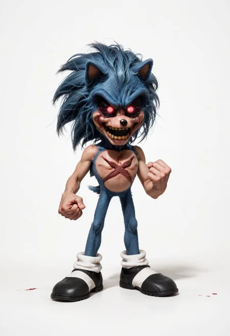 score_9, score_8_up, score_7_up, score_6_up, simple background, white background, cowboy shot, full body, view from front, masterpiece, high quality, solo focus, LordX, blue fur, horror, white socks, spiked hair, clenched teeth, clenched hand, furry, colored sclera, furry male, body fur, animal nose, two-tone fur, blue fur, multicolored fur, sonic the hedgehog, scary eyes, X in chest, saturated fur, bloody tears, red glowing eyes, open mouth, yellow teeth