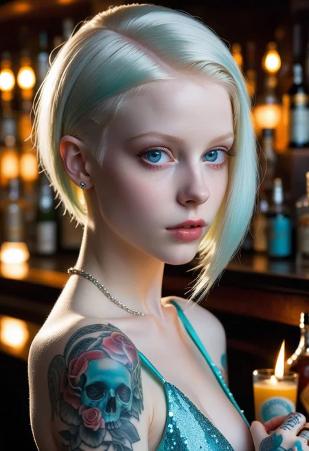 realistic, hyper realistic, real life, analog style, raw, photo, masterpiece, (alluring eyes), (perfect face, detailed face), (an albino girl), hime cut cut hair, aqua eyes, large slender breasts, (evening gown), intricate tattoos, petite body, (bar), drinking, dappled lighting, (backlighting:0.7),
