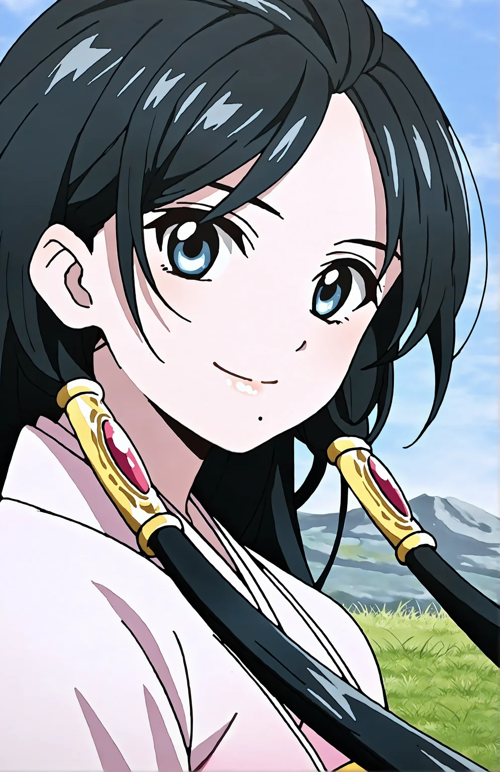 RenHakuei. 1girl, solo, very long hair, blue eyes, hair tubes, mole under lips, chinese clothes, hanfu, long sleeves, wide sleeves, looking at viewer, smile, sky, grass, portrait, standing, front view, face focus, day