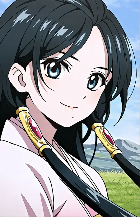 RenHakuei. 1girl, solo, very long hair, blue eyes, hair tubes, mole under lips, chinese clothes, hanfu, long sleeves, wide sleeves, looking at viewer, smile, sky, grass, portrait, standing, front view, face focus, day