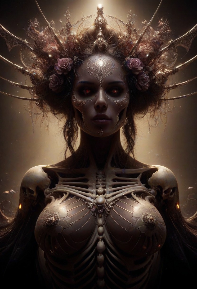 Intricately detailed skeleton succubus, Long voluminous hair, large perky breasts, Vibrant dark color scheme,  beautiful masterpiece, digital art, dark fantasy, best quality, ultra detailed, hires, 8k uhd, radiant cinematic lighting