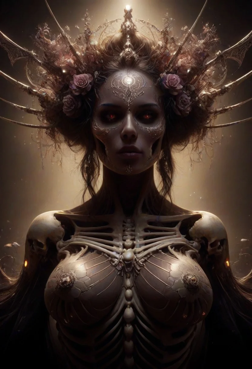 Intricately detailed skeleton succubus, Long voluminous hair, large perky breasts, Vibrant dark color scheme, beautiful masterpiece, digital art, dark fantasy, best quality, ultra detailed, hires, 8k uhd, radiant cinematic lighting