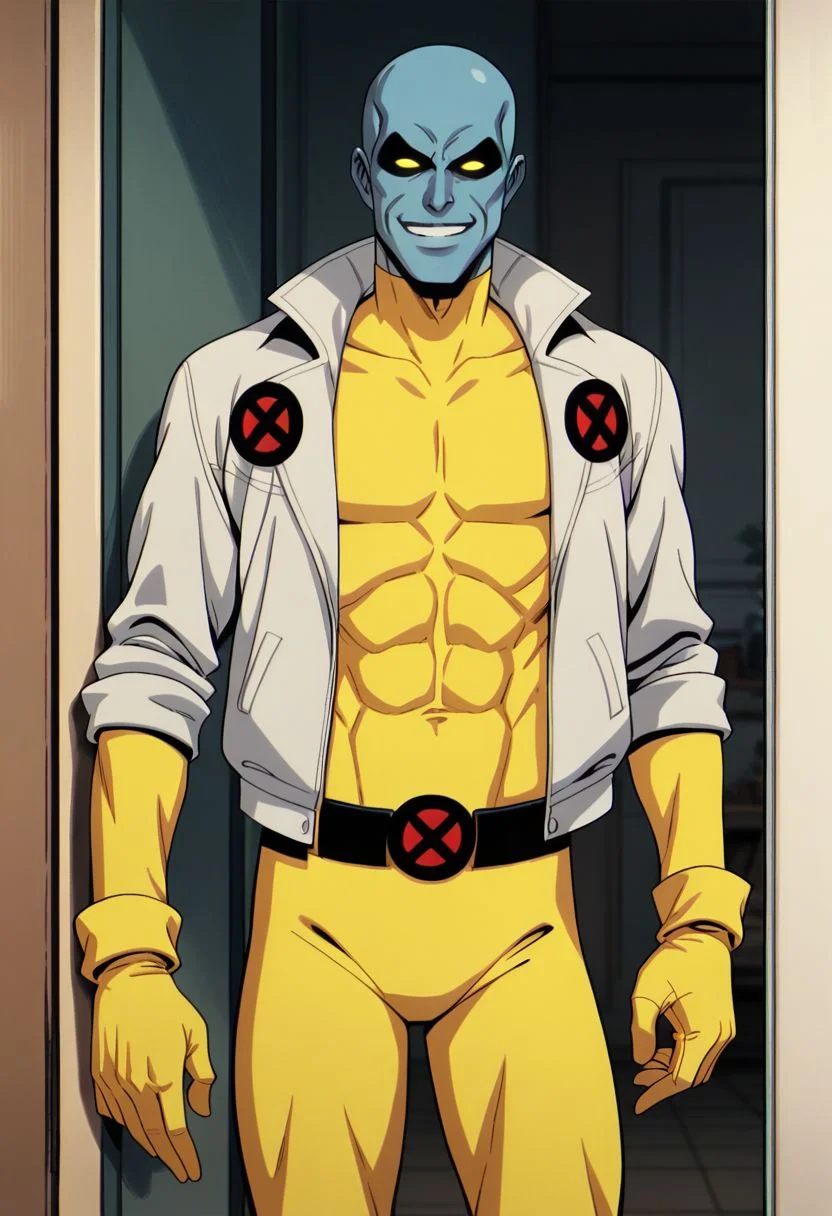 xmen97 style, bald, male focus, 1boy, solo, jacket, belt, smile, yellow bodysuit, door, bodysuit, holding, colored skin, superhero, indoors, parody, open clothes, standing, gloves, anime coloring, flat color, cel shading, cel shaded, 2d, PonyXLV6_Scores zPDXL