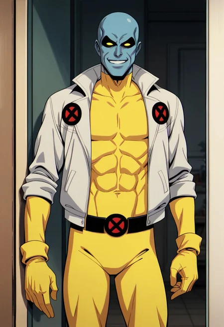 xmen97 style, bald, male focus, 1boy, solo, jacket, belt, smile, yellow bodysuit, door, bodysuit, holding, colored skin, superhero, indoors, parody, open clothes, standing, gloves, anime coloring, flat color, cel shading, cel shaded, 2d, PonyXLV6_Scores zPDXL