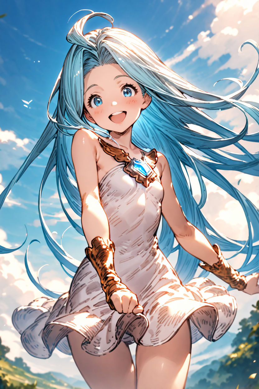 masterpiece, best quality, absurdres,
1girl, solo, happy, smile, outdoors, blue sky, sky,
lyria \(granblue fantasy\), sleeveless dress, small breasts, strapless, 
<lora:lyria-XL:0.7>, clear eyes,  <lora:ishikeiXL:0.1>