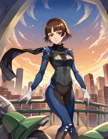 score_9, score_8_up, score_7_up, source_anime,
makotonijima, <lora:makoto-nijima-ponyxl-lora-nochekaiser:1>
makoto nijima, blunt bangs, braid, brown hair, crown braid, red eyes, short hair,
biker clothes, bodysuit, gloves, knee boots, scarf, shoulder spikes, spikes,
outdoors, cityscape,
looking at viewer, cowboy shot, dutch angle,