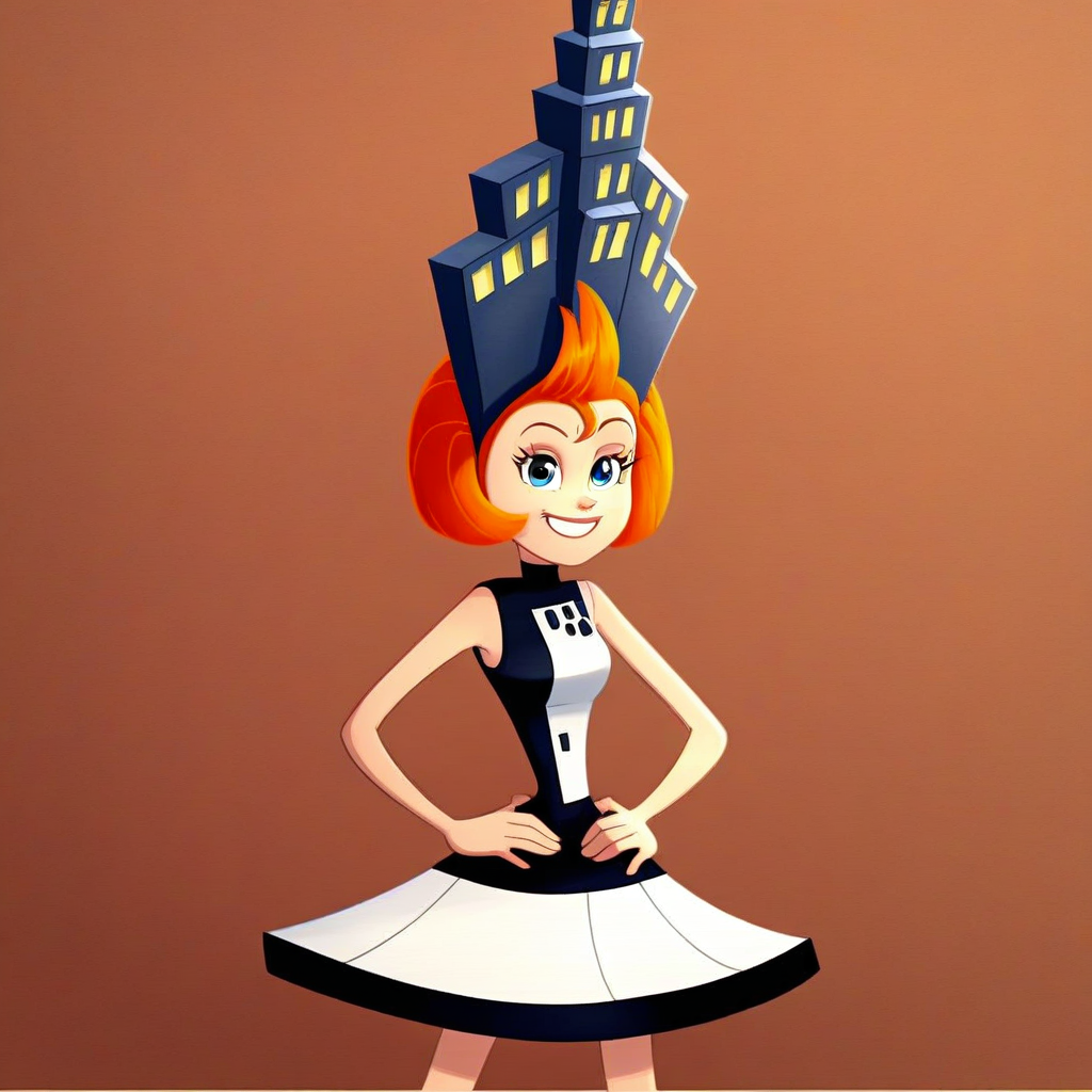score_9, solo, tallulah_mtr, 1girl, orange hair, short hair, blue eyes, city_hat, dress, sleeveless, hands on hips, looking at viewer, smile