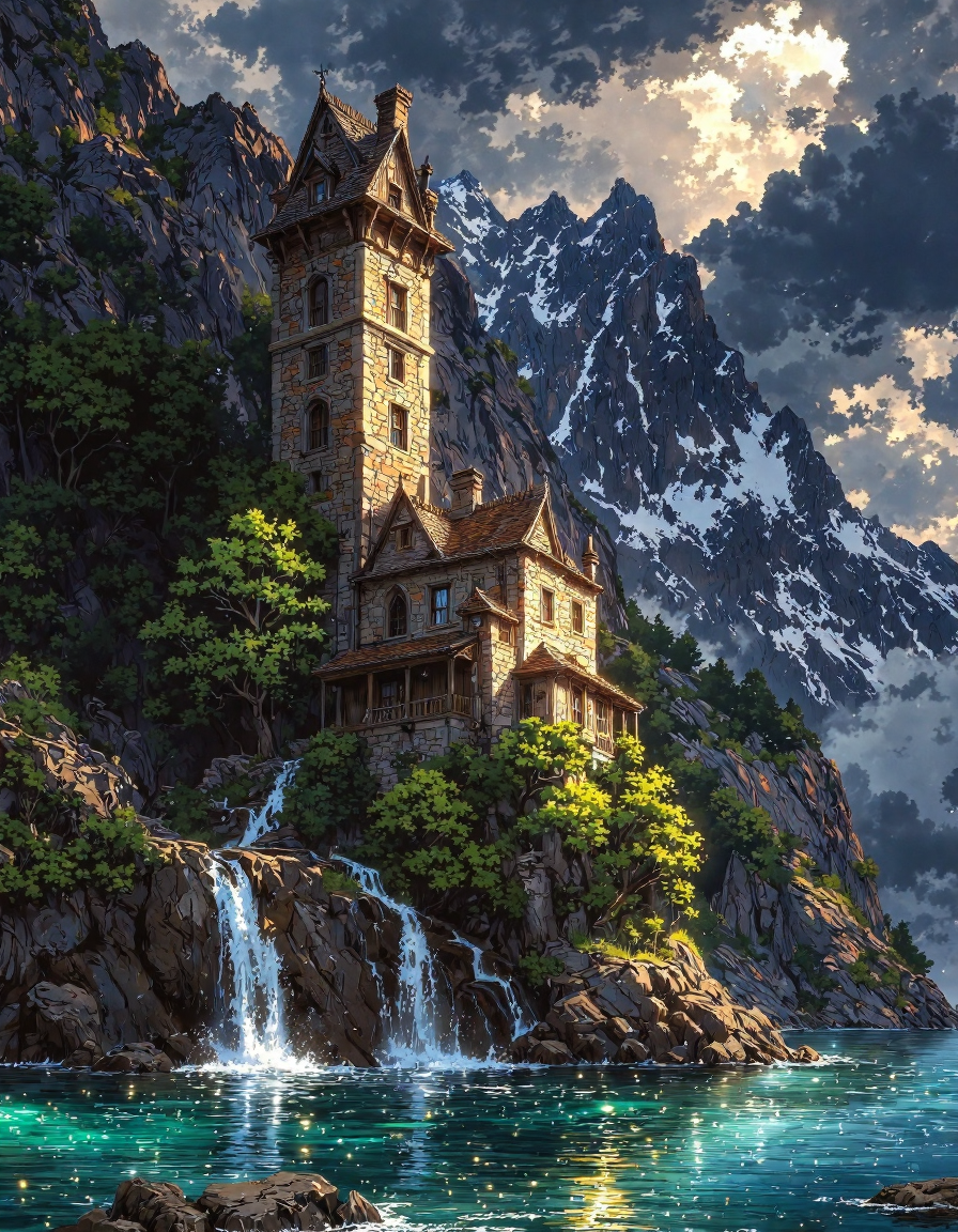 majestic digital painting in a fantasy landscape style. Picture a stone castle perched atop a steep, rocky cliff island surrounded by blue water.  The castle features a tall tower with arched windows and some ruined sections. A waterfall cascades down the cliff face into the water below. In the background, snow-capped mountains rise into a cloudy, bright sky.  The scene is bathed in a soft, natural light, with details like trees, rocks, and water ripples clearly visible.  The composition is grand and sweeping, emphasizing the isolation and beauty of the castle in its dramatic natural setting, <lora:Vibrantly_sharp_style_v.2:0.8>, <lora:FantasyWizardWitchesFluxV2-000001:0.8>, <lora:Cozy_Paradise:1>