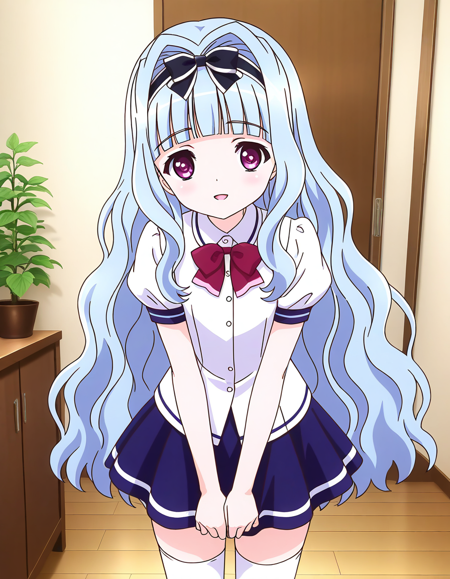 general,highres, ultra-detailed,very aesthetic,best quality ,best hands,  BREAK <lora:Watayuki_BP_IS:1>Watayuki(BP), 1girl,solo, hairband, very long hair, hair bow, purple eyes,  hair intakes, light blue hair, blunt bangs, wavy hair,
thighhighs, school uniform, skirt, white thighhighs, bow, zettai ryouiki, ribbon, blue skirt, light smile, v arms,
short sleeves, shirt, open mouth,  white shirt, puffy sleeves, looking at viewer, miniskirt,
home in the room, flooring, plant,