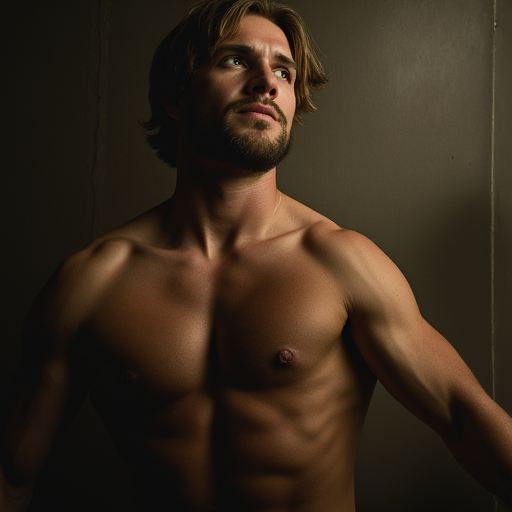a cinematic, visually stunning photo of a naked man, emphasizing his dramatic and captivating presence