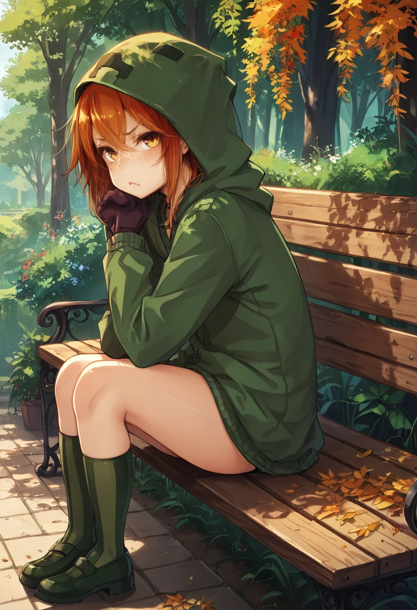 detailed face, pout, sitting, from side, bench, rating_safe, BREAK score_9, score_8_up, score_7_up, score_6_up, score_5_up, score_4_up, anime source BREAK, fsksfdaw ,<lora:cupa-umceko-000040:1>