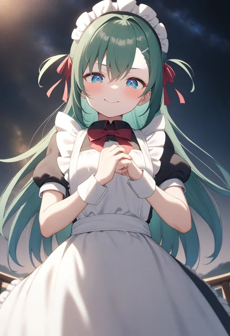 1girl,sincos, ningen mame, toosaka asagi,solo,medium breasts,20yo,maid,maid headdress,
cracking knuckles, own hands together, fist in hand,<lora:crackingknuckles_XL_v1:0.8>
from behind, fisheye lens, looking down, green hair, purple eyes,teasing smile, observatory, closed mouth, bow-shaped hair,,
best quality, very aesthetic, absurdres