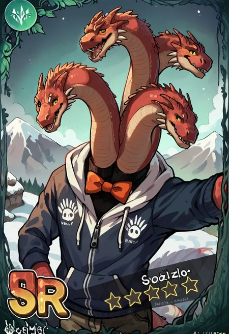 score_9, score_8_up, score_7_up, source_furry, (twoheads, 2heads), text sr, sr, detail text, 5starts, Aacards, watermark, wide shot, snowy mountain, source_cartoon, 2d, selfie, holding phone, Hydra, multiple heads, long neck, hoodie, bowtie, thick clothing, turtleneck, portrait, close up, cowboy shot, upper Body, 5stars