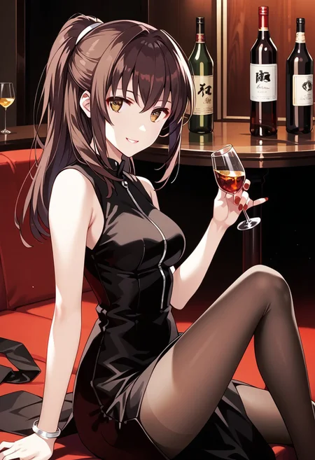 score_9,score_8_up,score_7_up,source_anime,Akane Kosaka,1girl,solo,breasts,looking at viewer,smile,dress,holding,bare shoulders,sitting,brown eyes,ponytail,pantyhose,sleeveless,nail polish,black dress,from side,cup,black pantyhose,bare arms,sleeveless dress,arm support,bottle,holding cup,red nails,drinking glass,knee up,alcohol,brown pantyhose,