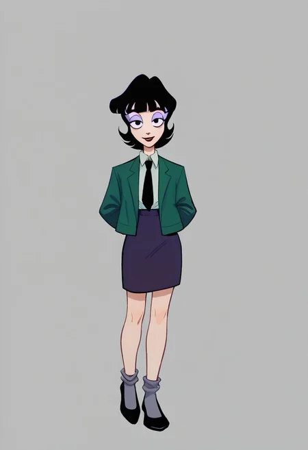 score_9, score_8_up, score_7_up BREAK LydiaDeetz, 1girl, black hair, black bob cut, blunt bangs, black eyes, red lipstick, pink eyelids, purple eyeshadow, open dark green jacket, collared gray undershirt, black tie, dark purple skirt, gray socks, black mary jane shoes, smiling at viewer, full body,