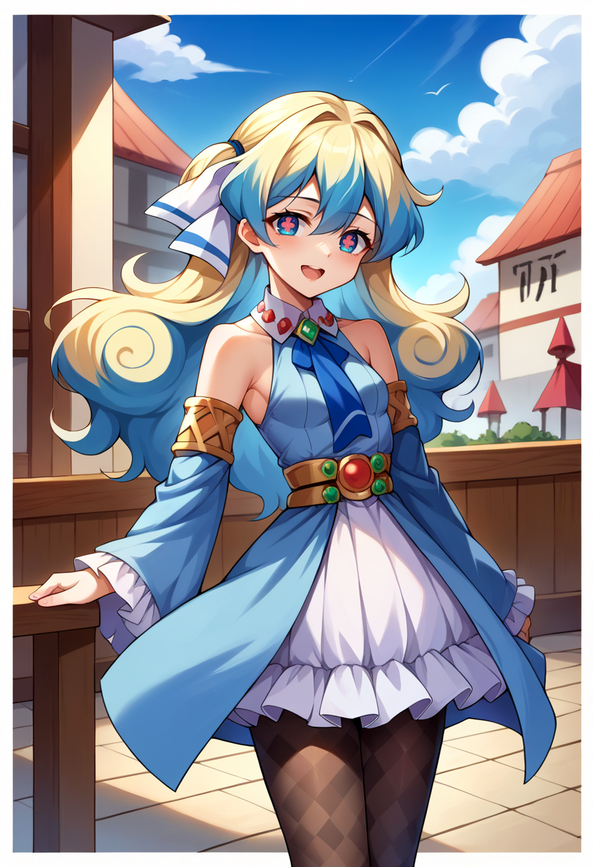 score_9, score_7_up, source_anime, BREAK blue sky, open mouth, smile, <lora:NiaS1:1> nias1, 1girl, blue eyes, symbol-shaped pupils, long hair, blonde hair, blue hair, two-tone hair, small breasts,, hair ribbon, frilled choker, criss-cross halter, sleeveless dress, high-waist skirt, backless dress, blue dress, waist blue bow, detached sleeves, frilled sleeves, wide sleeves, blue sleeves, black pantyhose, patterned legwear, pinstripe pantyhose, mary janes, layered dress,