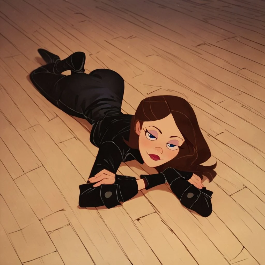 score_9, score_8_up, score_7_up, score_6_up, score_5_up, score_4_up, rating_questionable, 1girl, VanessaDoof, black outfit, cartoon, laying on the floor, seductive pose,