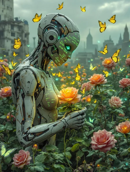 A serene AI entity shaped like a weathered stone statue, cultivating a garden where flowers bloom as living code. Each petal is a glowing line of Python or C++, roots digging into soil made of compressed motherboards. Butterflies with wings of fluttering QR codes pollinate algorithmic roses. In the distance, a decaying city is slowly consumed by this digital flora. The AI's eyes project holograms of forgotten human faces, tears of liquid mercury streaming down its cheeks. Palette: oxidized copper, jade-green code, ash-gray concrete, and electric yellow