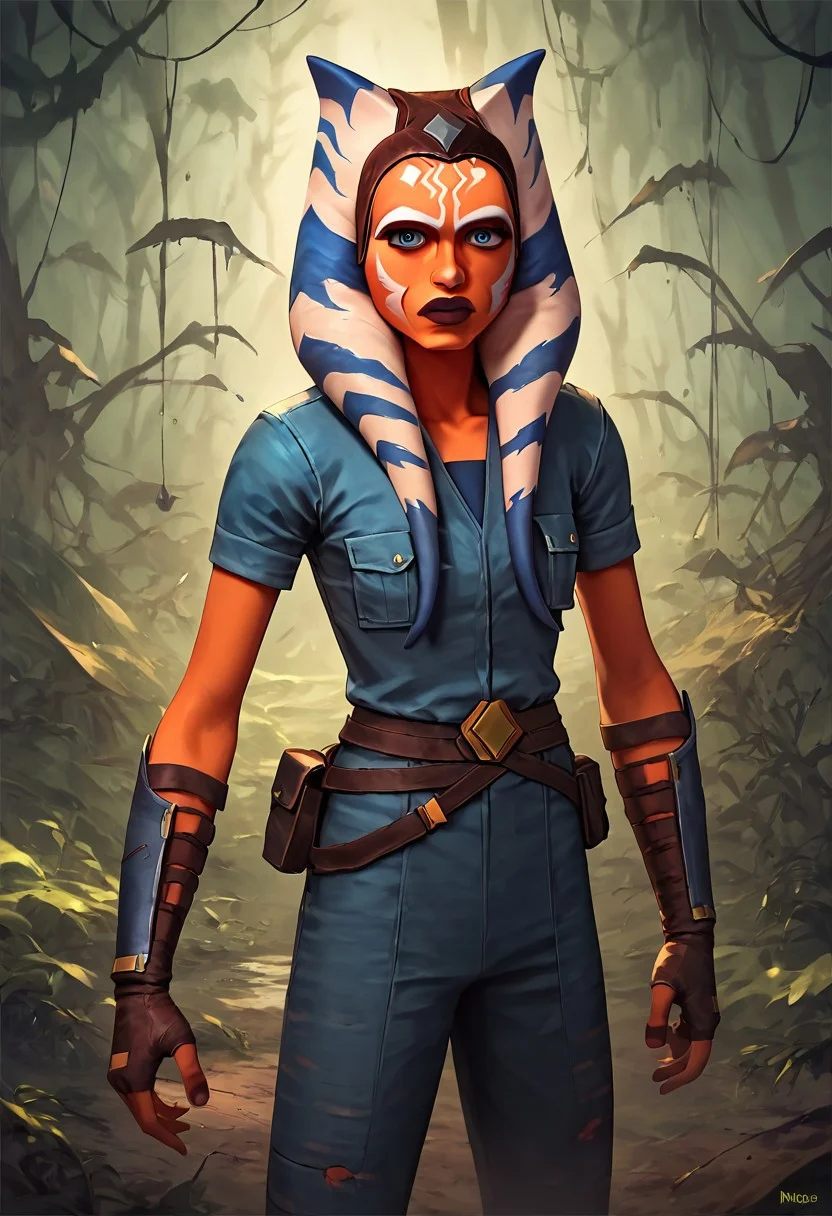 score_9, score_8_up, score_7_up, score_6_up, solo, 1girl, ahsoka, brown headband, orange skin, Outfit1, blue shirt, vambraces, fingerless gloves,blue pants, (surreal, abstract:1.2), in forest,looking at viewer