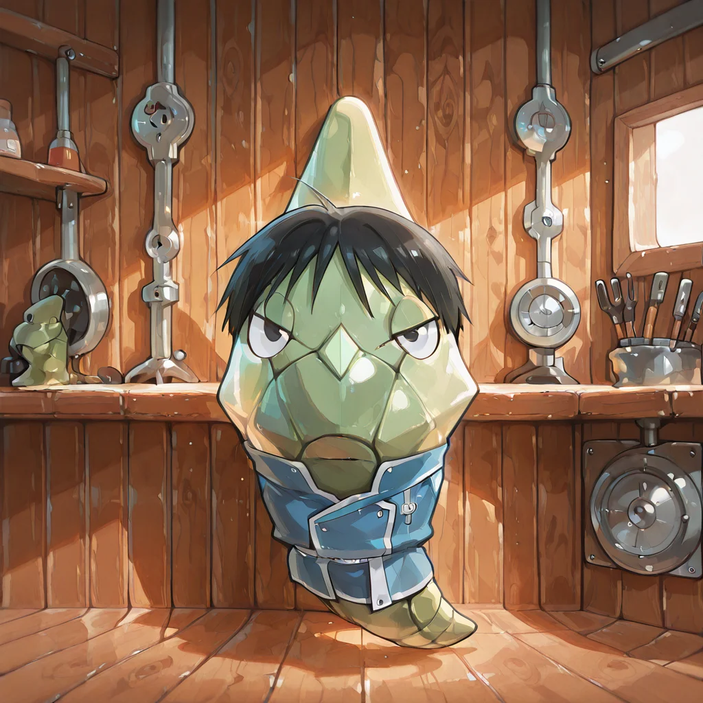 (masterpiece), (best quality), (ultra-detailed), metapod, full body, slightly turned, one eye visible, clothed pokemon, no hands, no arms, no legs, no feet, Roy Mustang, looking at viewer, anime, artwork, Fullmetal Alchemist, looking at viewer, half-closed eyes, in a wooden working space, workshop, machine, illustration, perfect composition, intricate details