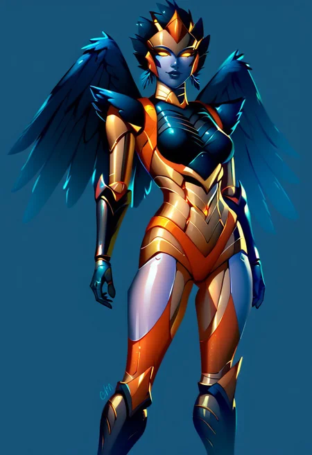 score_9, score_8_up, score_7_up,score_6_up, Expressiveh, 1dk, score_9, solo, 1girl, perfection, dark setting,
Airazer, 1girl, robot, black skin, gold skin, multicolor skin, metallic skin, feathers, wings,
Standing,