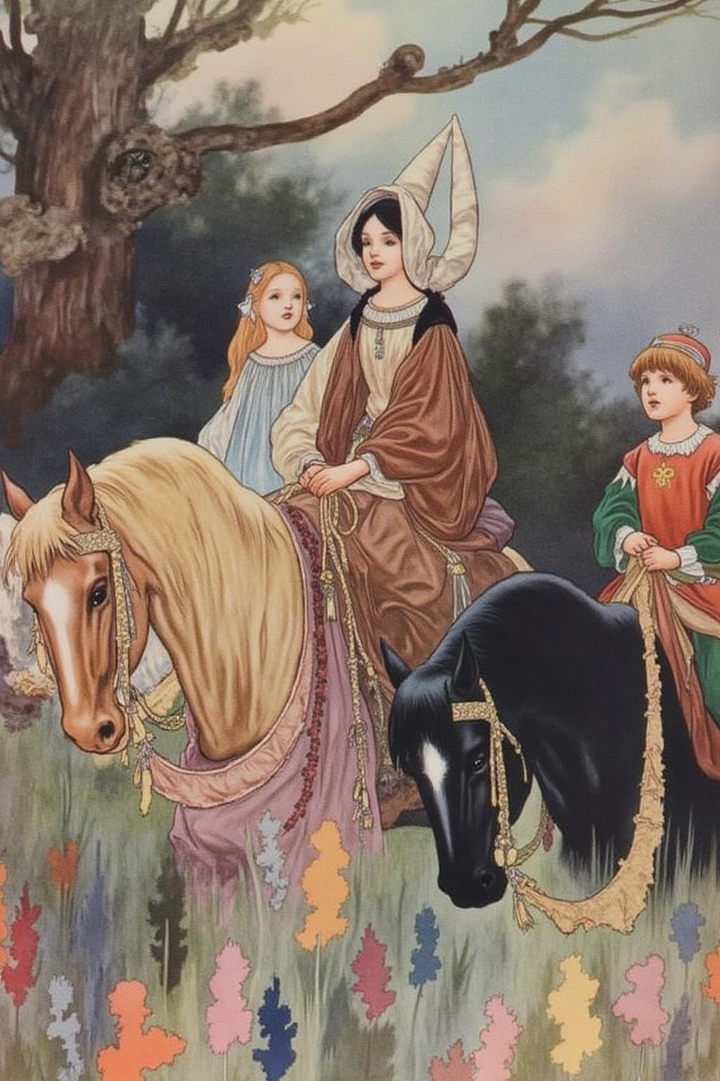 charob1 illustration.
A fantastical scene from a medieval fairy tale setting. The artwork features three figures: a woman, a girl, and a boy, all dressed in medieval attire, riding horses in a lush, colorful meadow. The woman, seated on a horse at the center, wears a flowing, brown and cream-colored gown with a hooded cloak, her dark hair visible under the hood. She has a serene expression.
  <lora:charob1_cap_d6a3e11:1.0><lora:824696453407550817:0>