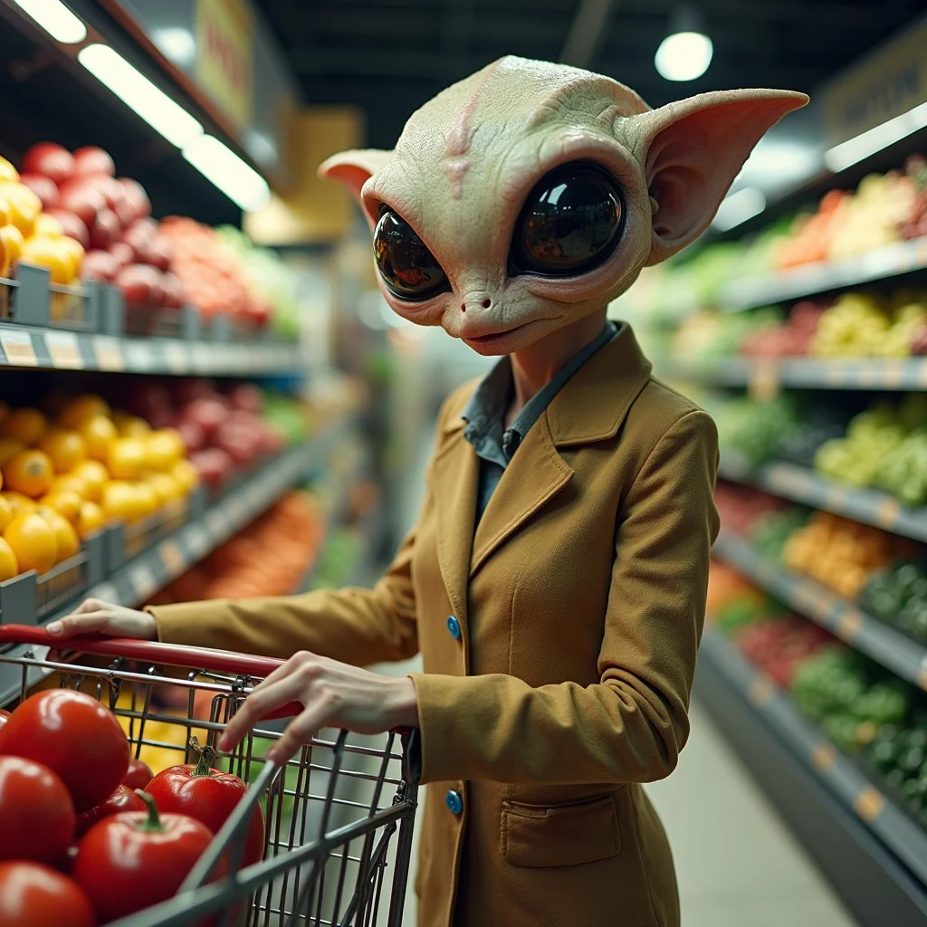 bizarre female alien creature pushing a shopping cart shopping for groceries in a grocery store, strange alien fruits and vegetables, photo