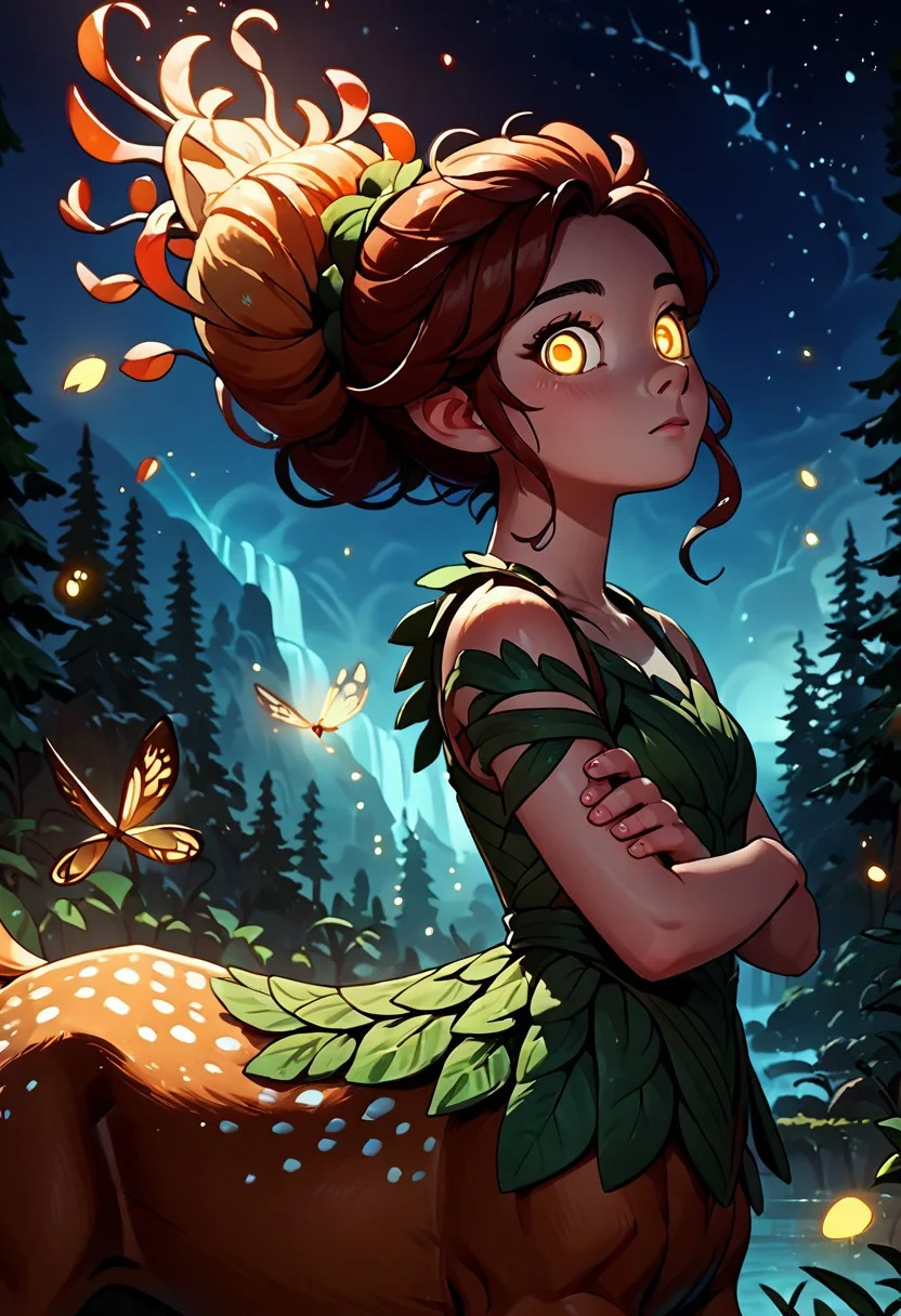 score_8_up, score_7_up, score_6_up, score_5_up, score_4_up, source_anime, hand, detailed eyes, pupils, anime style,
Magic forrest background, fireflies, night,
1girl, Deertaur, looking at viewer, dryad outfit, glowing lines on body, side view