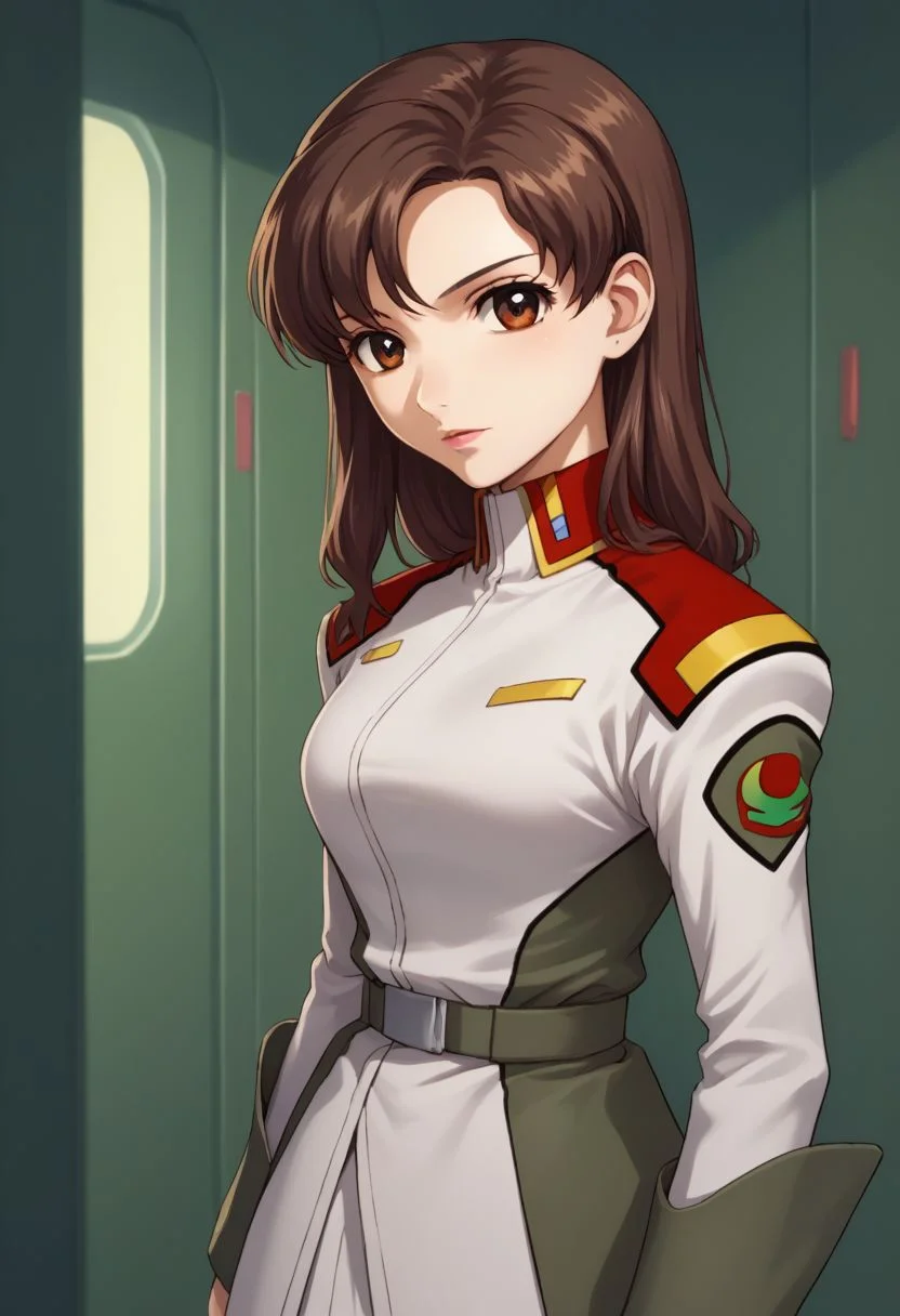 score_9, score_8_up, score_7_up, source_anime,
murrue, 1girl, uniform, solo, brown hair, military uniform, military, pantyhose, brown eyes, skirt, looking at viewer, upper body, stand,
indoor,