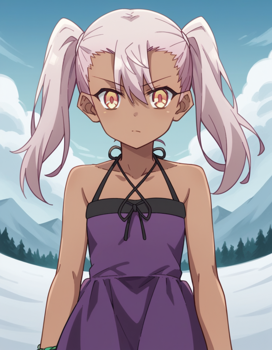 score_9, score_8_up, score_7_up, source_anime, <lora:chloe-von-einzbern-prisma-s2s3-ponyxl-lora-nochekaiser:1>,, chloe von einzbern, long hair, hair between eyes, yellow eyes, pink hair, dark skin, dark-skinned female,, twintails, dress, bare shoulders, collarbone, bracelet, halterneck, purple dress,, snow day, winter clothes, snowball fight, laughter, cold breath, white landscape, , looking at viewer, hand resting on chin, solo,, cowboy shot, dutch angle