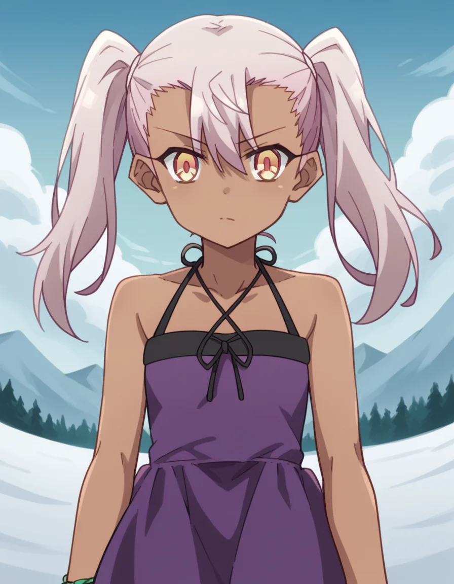 score_9, score_8_up, score_7_up, source_anime, <lora:chloe-von-einzbern-prisma-s2s3-ponyxl-lora-nochekaiser:1>,, chloe von einzbern, long hair, hair between eyes, yellow eyes, pink hair, dark skin, dark-skinned female,, twintails, dress, bare shoulders, collarbone, bracelet, halterneck, purple dress,, snow day, winter clothes, snowball fight, laughter, cold breath, white landscape, , looking at viewer, hand resting on chin, solo,, cowboy shot, dutch angle