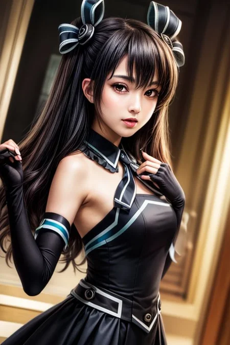 score_9, score_8_up, score_7_up, score_6_up, score_5, score_4, masterpiece, best quality, high resolution, highly detailed, perfect lighting, 1girl, solo,uni, 1girl, solo, red eyes, black hair, long hair, two side up, hair between eyes, hair ribbon, black dress, sleeveless dress, ribbon, bare shoulders, black gloves, elbow gloves, fingerless gloves