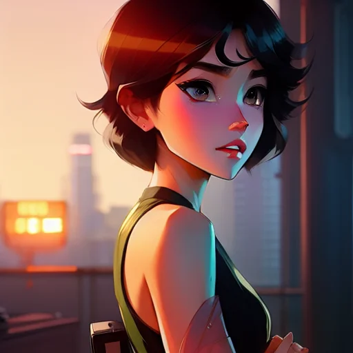 realistic full body female , (black hair), green eyes, short hair, smirking, by  (((Atey Ghailan and Emmanuel Shiu))), standing in a average shrine, at sunrise
(<SamDoesArt1>:0.84)