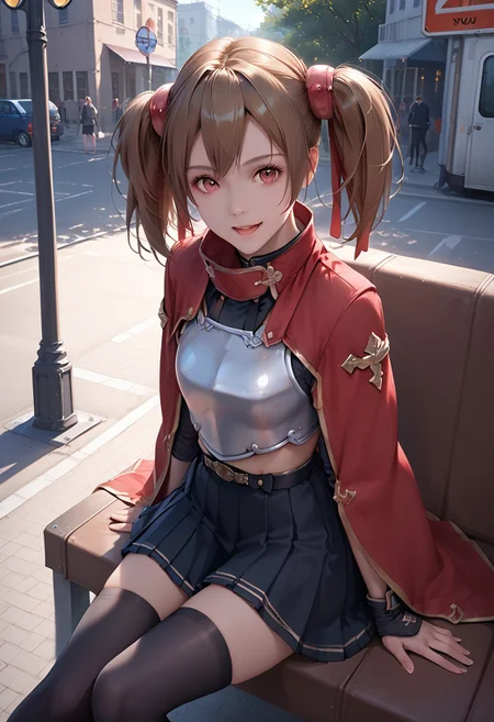 score_9, score_8_up, score_7_up, 1girl, silica, solo, skirt, brown hair, open mouth, red eyes, thighhighs, breastplate, twintails, white background, black skirt, pleated skirt, armor, smile, ribbon, skirt, thighhighs, breastplate, black skirt, pleated skirt, armor,, black thighhighs, rminiskirt, bus stop, public place nighttime vibrant lighting, street lights, high contrast, dramatic shadows, highly detailed, detailed skin, depth of field, tilted angle, moody lighting, exy pose,professional lighting, perfect quality, high quality, photorealistic, sitting, (((supermodel))),((goddess))