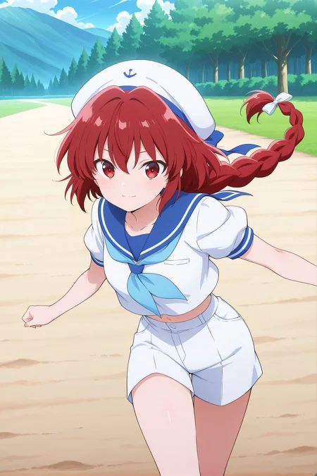 absurdres, highres, masterpiece, best quality, amazing quality, official anime artwork, screencap, anime screencap, outdoors, looking at viewer, dynamic pose, floating hair, day, light smile, 
 <lora:Yumemi-Okazaki_Illustrious:1> okazaki yumemi, 1girl, solo, red eyes, red hair, long hair, single braid,, sailor hat, white hat, blue neckerchief, blue sailor collar, white shirt, cropped shirt, puffy short sleeves, white shorts, white sleeves,