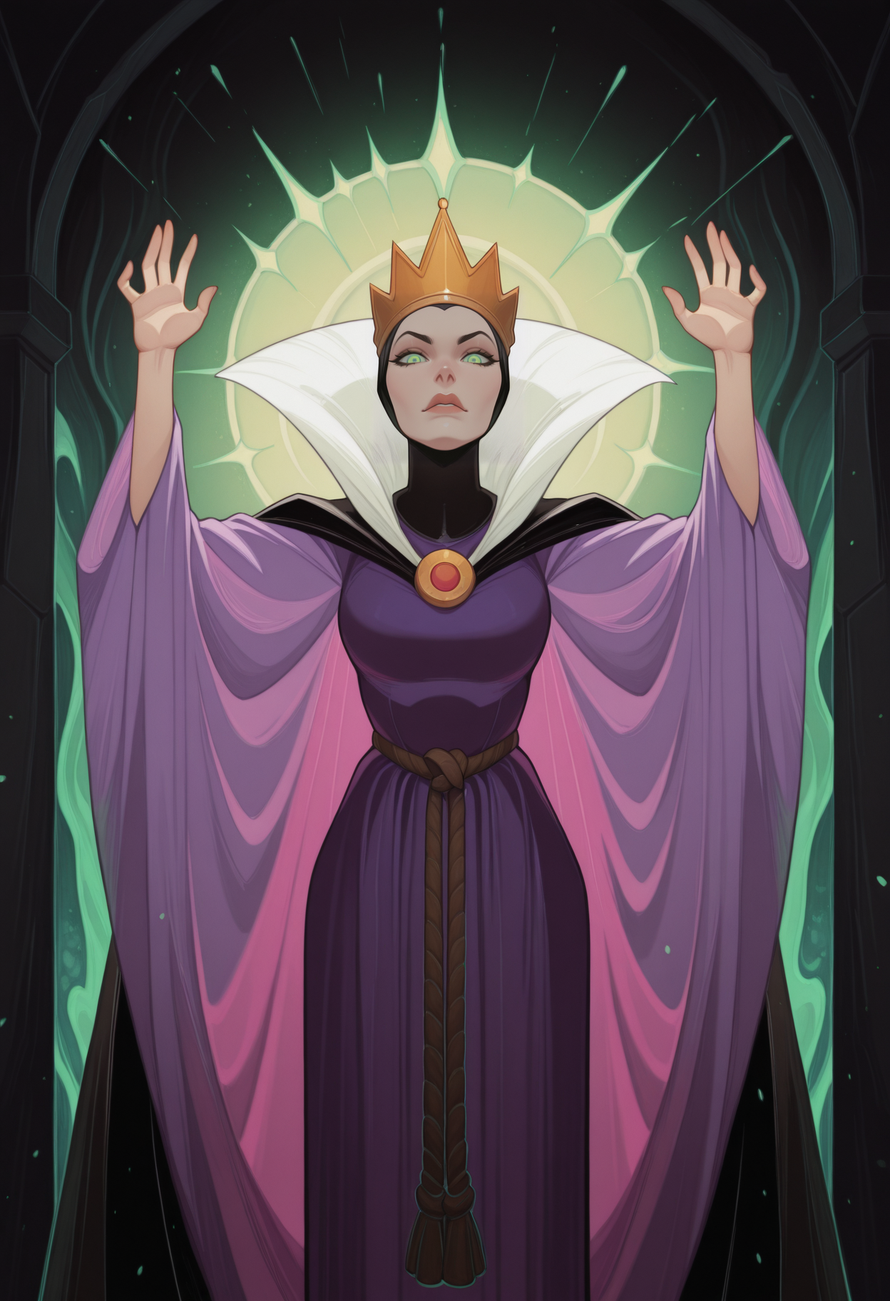 masterpiece, best quality, amazing quality, , ,evilq33n, <lora:evilQueenIllustrious:0.8> ,
, purple dress, cape,, , crown, upper body, rope belt, raised hands, casting a spell, green theme, <lora:afkArenaIllustrious:0.8> afkArenaStyle, bright colors, vivid colors, beach