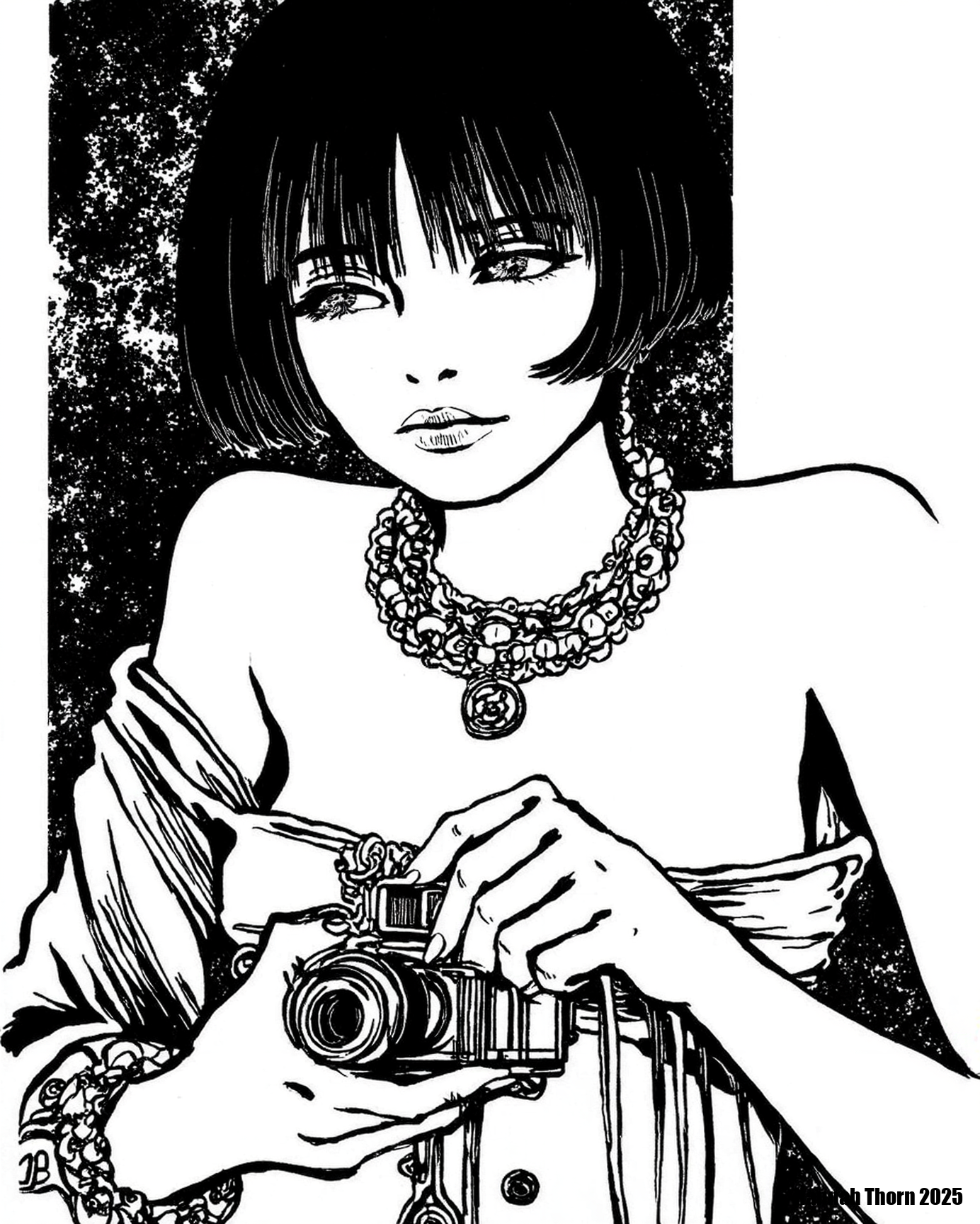 A black and white line drawing of a young woman with a short bob haircut and bangs, wearing a revealing outfit adorned with jewelry. She is holding a small camera in her hand, looking directly at the viewer with a serious expression. The background is abstract, with a mix of dark and light tones. The style is reminiscent of Japanese art, with bold lines and intricate details. The woman's skin is fair, and she has a slender physique.<lora:_Flux\Crepax_Valentina.safetensors:1.0:1.0>